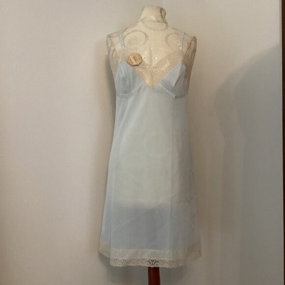 NWT VTG VASSARETTE CREPELON HOLLYWOOD CREPESET BLUE NYLON LACE TRIM SLIP SIZE 34 - Picture 1 of 4